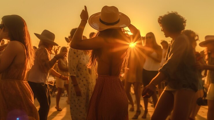diversión al atardecer amigos bailando en el verano