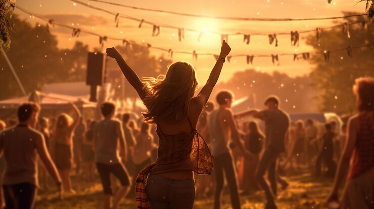 diversión al atardecer amigos bailando en el verano
