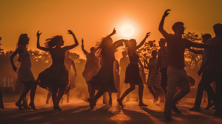 diversión al atardecer amigos bailando en el verano
