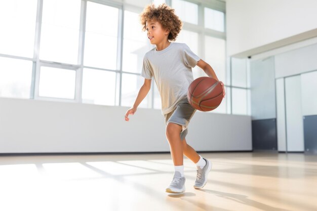 La diversión del baloncesto en el interior con un niño