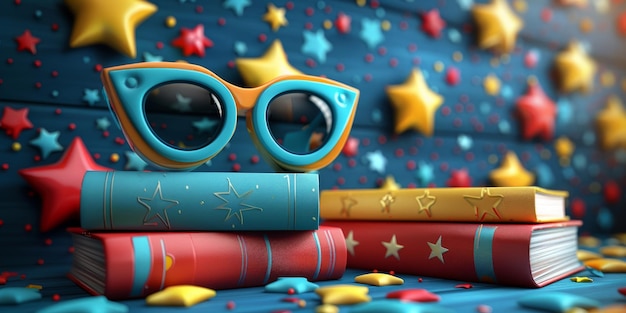 Diversión y capricho gafas de lectura con libros apilados en colorido fondo estelar concepto de imaginación creatividad y escapismo a través de la literatura