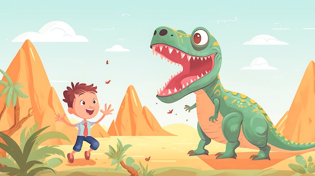 Diversión con dinosaurio de dibujos animados en el fondo de la selva Ilustración vectorial temática del parque Jurásico