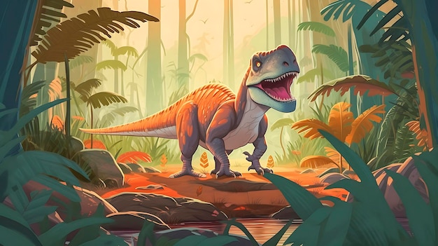 Diversión con dinosaurio de dibujos animados en el fondo de la selva Ilustración vectorial temática del parque Jurásico