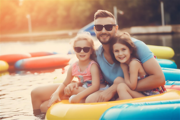 Diversión y emoción de una fiesta familiar en la piscina de un hotel de verano en un parque acuático