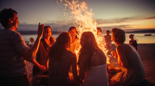 Diversión con fogatas en la playa con un grupo