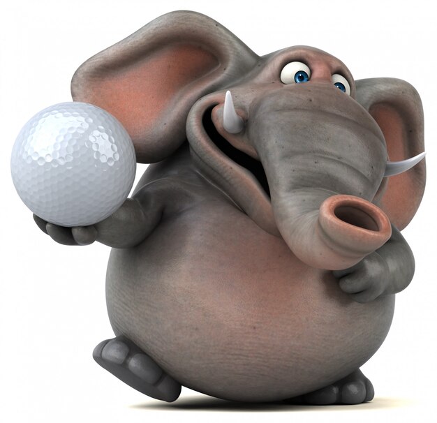 Diversión ilustrada elefante 3D sosteniendo una pelota de golf