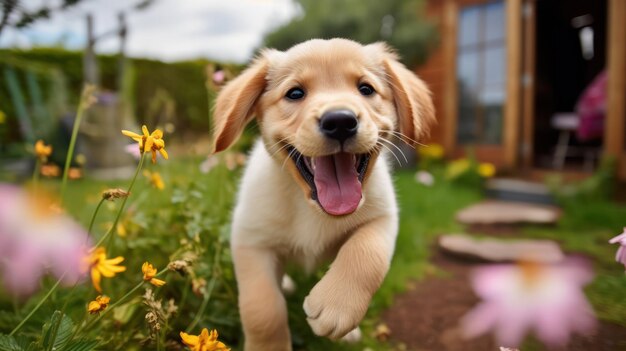 Foto diversión en el jardín el refugio de juegos para cachorros