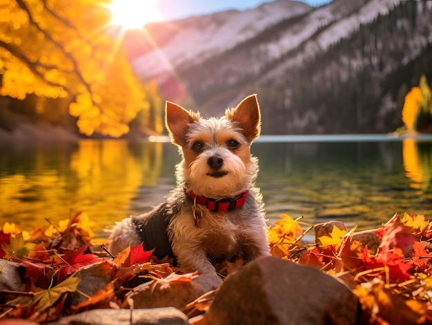 Diversión en el lago otoñal con Taco Terrier