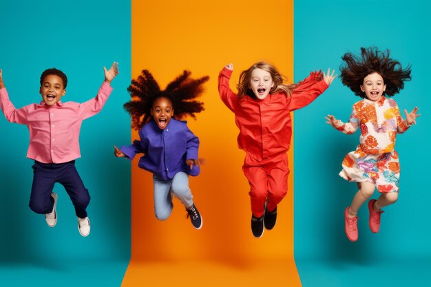 Foto diverso y enérgico montaje de collage vibrante de niños multirraciales que se involucran en diversión y alta velocidad ac
