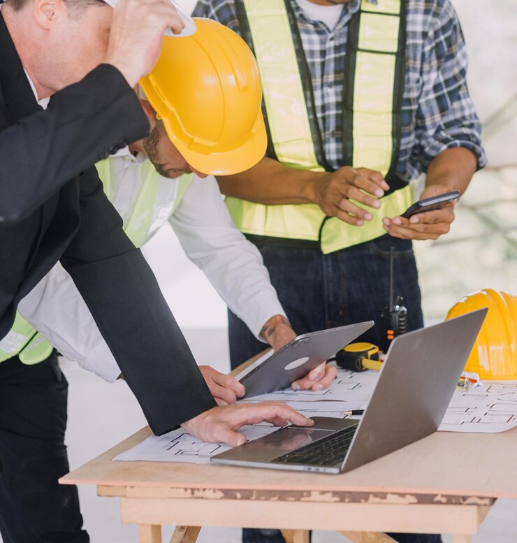 Foto diverso equipo de especialistas utiliza tabletas en el sitio de construcción proyecto de construcción de bienes raíces con ingeniero civil arquitecto inversor de negocios y trabajador general discutiendo los detalles del plan