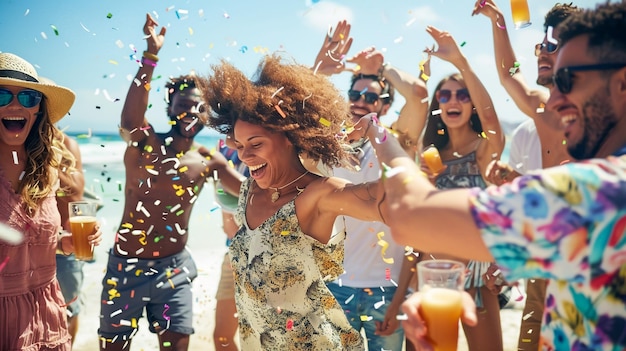 Diverso grupo de amigos bailando en una animada fiesta de playa capturando la alegría y la energía de un verano