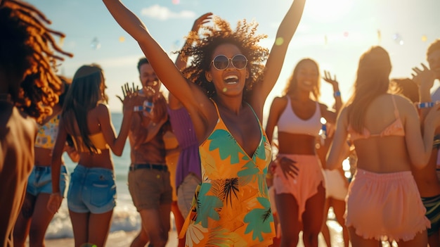 Diverso grupo de amigos bailando en una animada fiesta de playa capturando la alegría y la energía de un verano