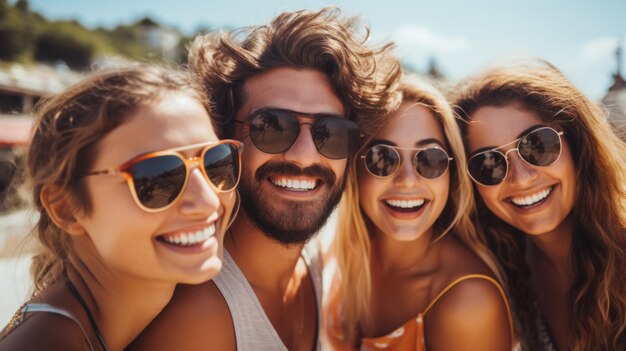 Diverso grupo de amigos divirtiéndose y sonriendo al aire libre AI generado