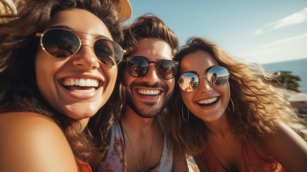 Diverso grupo de amigos divirtiéndose y sonriendo al aire libre AI generado