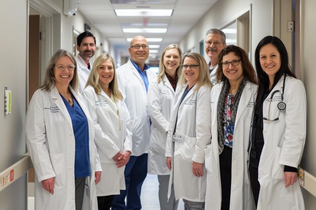 Diverso grupo de médicos y colegas sonrientes de pie juntos sonriendo a la cámara en el pasillo del hospital ar 32 v 6 ID de trabajo c82829b34a6d46259d343b986136182e