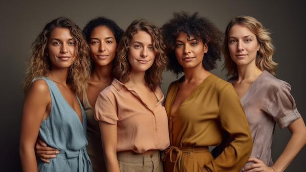 Diverso grupo de mujeres de moda de pie juntas en el estudio