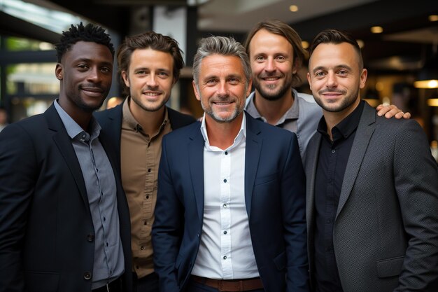 Diverso grupo de profesionales de negocios posando con sonrisas que muestran la diversidad étnica en un ambiente de trabajo alegre y unido