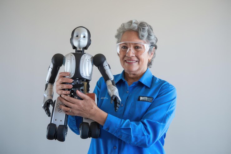 Foto diverso ingeniera femenina senior que sostiene un robot humanoide configuración profesional robótica inclusiva