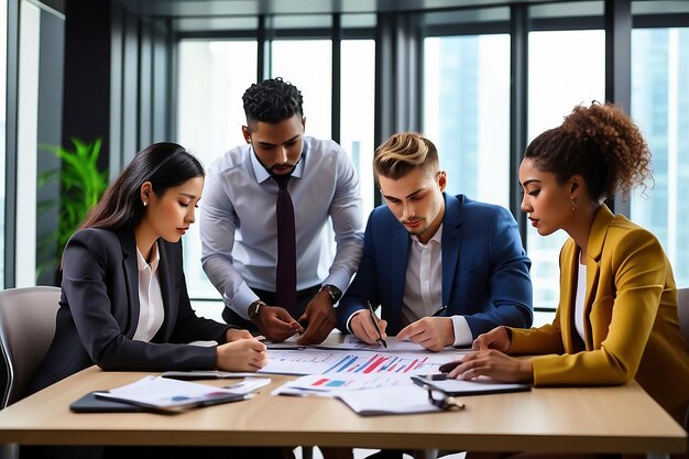 Diverso trabajo en equipo de negocios multiétnicos exceso de trabajo en la sala de reuniones de la oficina analizando gráficos financieros