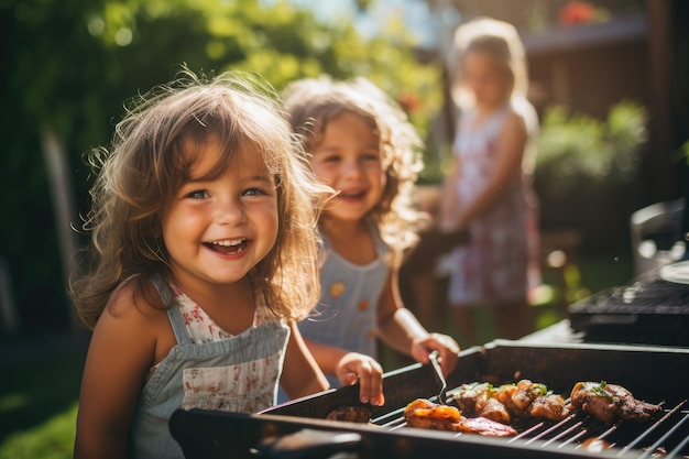 Diversos adolescentes y amigos haciendo un picnic con parrilla en el jardín IA generativa