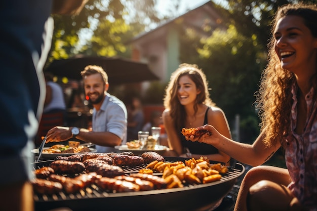 Diversos adolescentes y amigos haciendo un picnic con parrilla en el jardín IA generativa