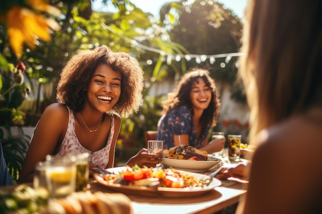 Diversos adolescentes y amigos haciendo un picnic con parrilla en el jardín IA generativa