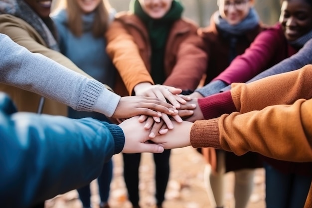 Diversos adolescentes juntando as mãos em unidade