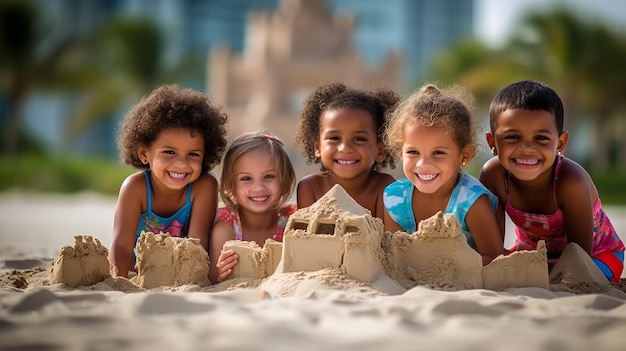 Diversos amigos construyendo un castillo de arena celebrando su unidad y creando recuerdos en la playa