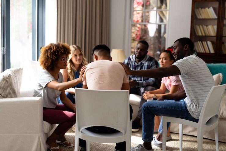 Foto diversos amigos escuchando y consolándose mutuamente en una sesión de terapia de grupo