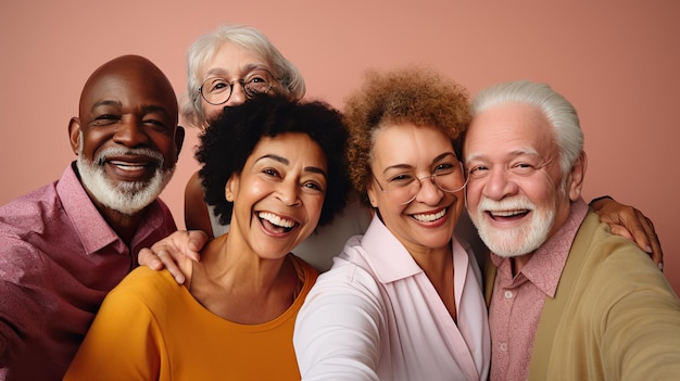 Foto diversos amigos seniores posando sobre um fundo rosa