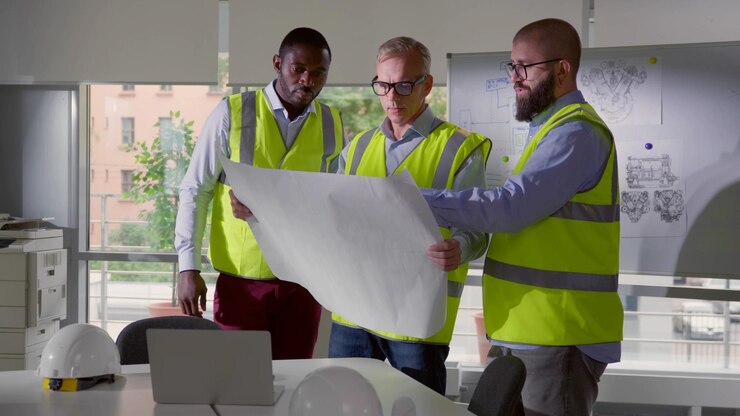 Diversos arquitectos discutiendo planos con el gerente de construcción en la oficina