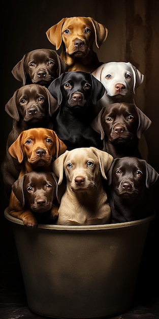 Diversos cães fofos empilhados Labrador retrievers com cachorrinhos