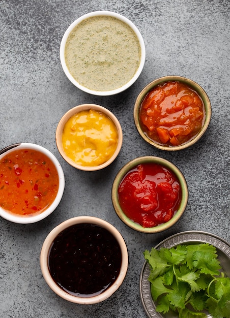 Diversos chutneys indianos em pequenas tigelas rústicas sobre fundo cinza de concreto. vista superior de chutney colorido, molhos e molhos indianos tradicionais como um lanche ou acompanhamento, close-up