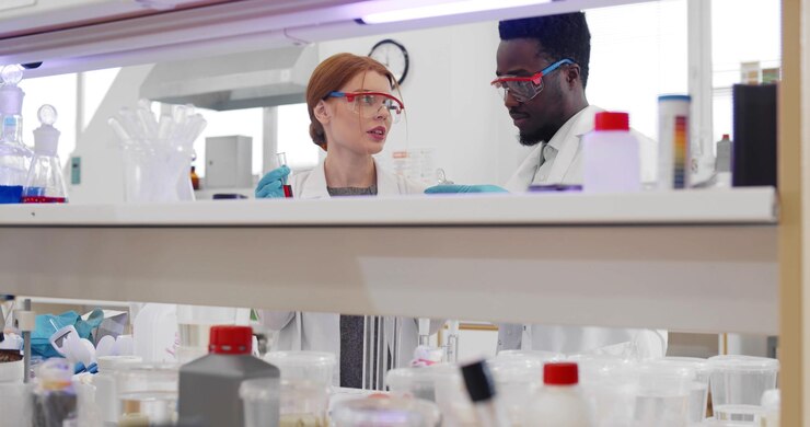 Diversos científicos jóvenes sosteniendo tubos de ensayo con muestras en desarrollo de vacunas en laboratorio