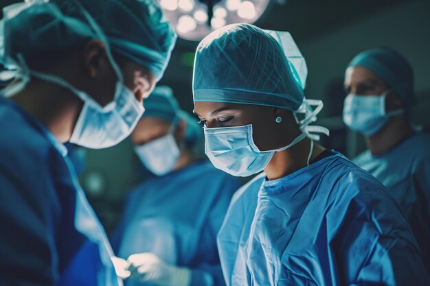 Diversos cirujanos masculinos y femeninos con máscaras faciales realizando cirugía en el quirófano del hospital