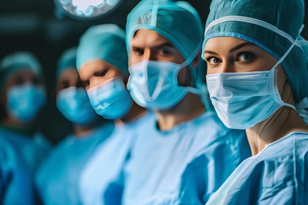 Diversos cirurgiões masculinos e femininos com máscaras faciais fazendo cirurgia na sala de cirurgia do hospital