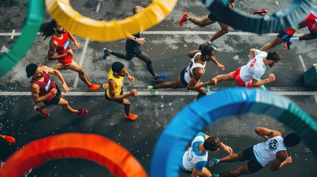 Diversos corredores en un 5k de celebración para el Día Olímpico Anillos olímpicos destacados en primer plano Día Olímpico Internacional