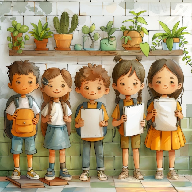Diversos escolares posando em uma sala de aula segurando cadernos e mochilas Ilustrações usando um estilo desenhado à mão