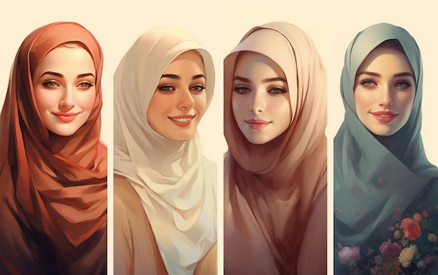 Diversos estilos de hijab mujeres y niñas en varios trajes IA generativa