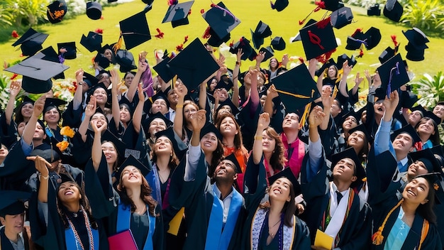 Diversos graduados lanzando sombreros en el aire