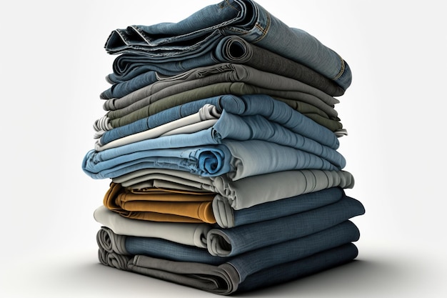 Diversos jeans dobrados em uma pilha sobre fundo branco