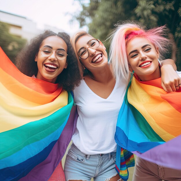 Diversos jóvenes amigos celebrando el festival del orgullo gay LGBTQ