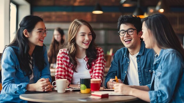 Foto diversos jóvenes hablando y divirtiéndose juntos en un café