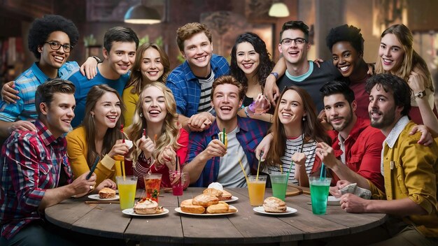 Foto diversos jóvenes hablando y divirtiéndose juntos en un café