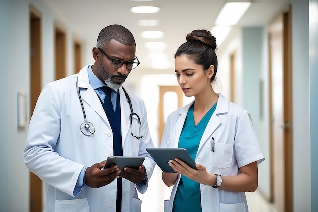 Diversos médicos do sexo masculino e feminino falando seriamente e olhando para um tablet digital no corredor do hospital medicina saúde e serviços de saúde