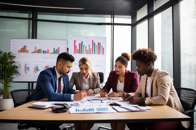 Diversos negócios multiétnicos trabalho em equipe excesso de trabalho na sala de reuniões do escritório analisando gráficos financeiros