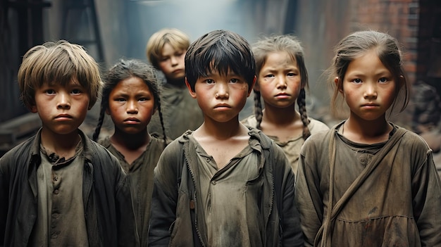 diversos niños pequeños con ropa pobre, pobreza y concepto de trabajo infantil