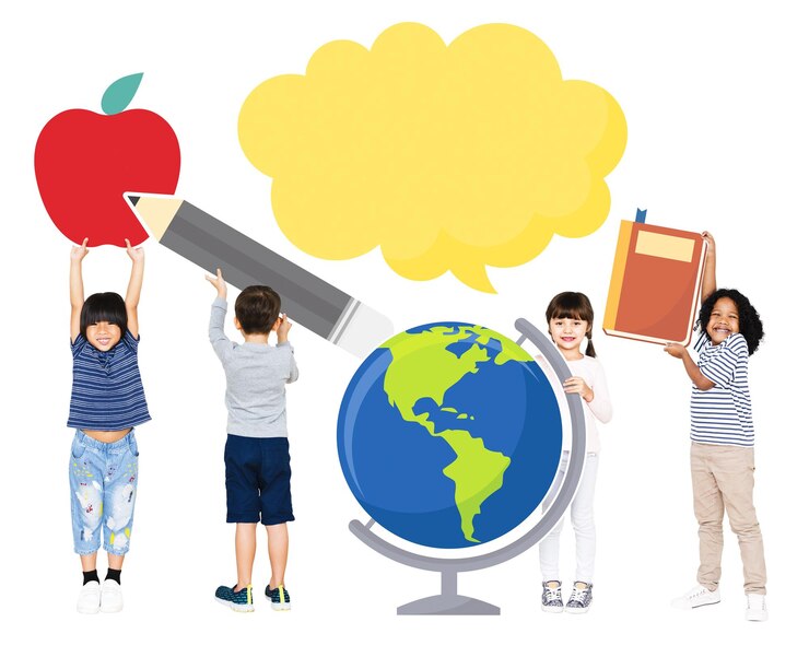 Diversos niños png sosteniendo iconos de educación fondo transparente