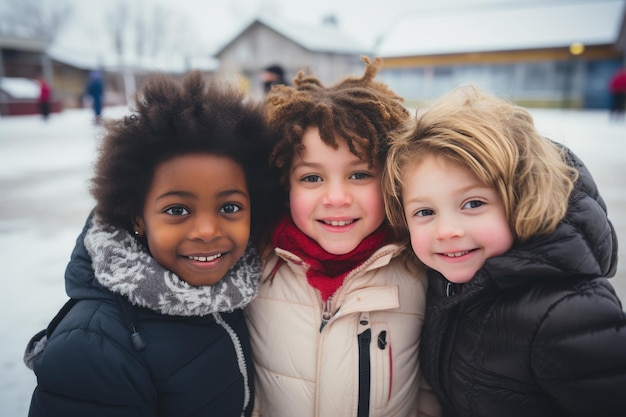 Diversos niños sonriendo y patinando juntos en la pista de hielo al aire libre disfrutando de una divertida actividad de invierno