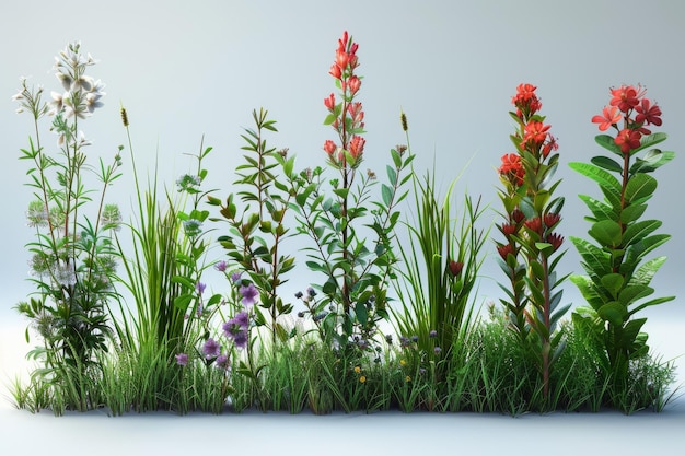 Diversos objetos modernos en 3D Conjunto de íconos de la naturaleza Hierba y flores en primavera